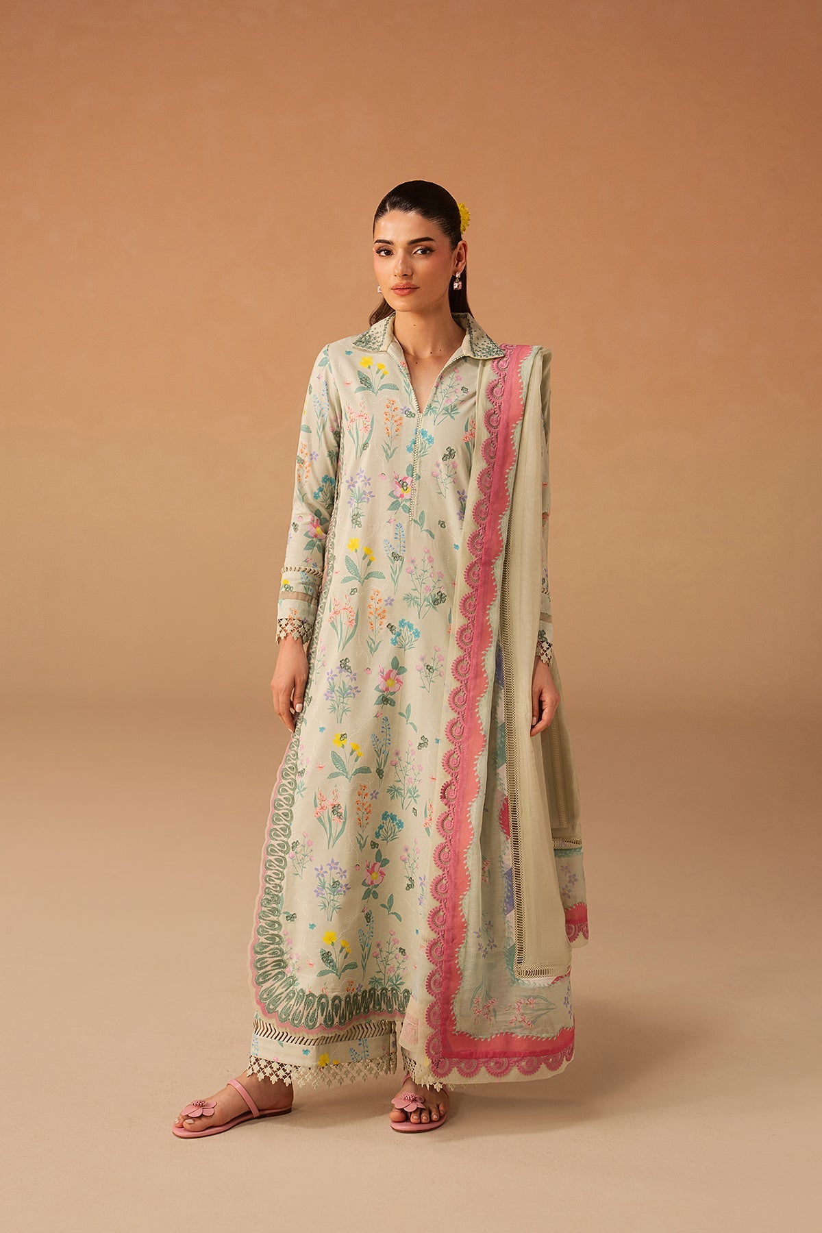 Afrozeh 3 Pc Unstitched Embroidered & Printed Lawn Suit Sunlaced Green
