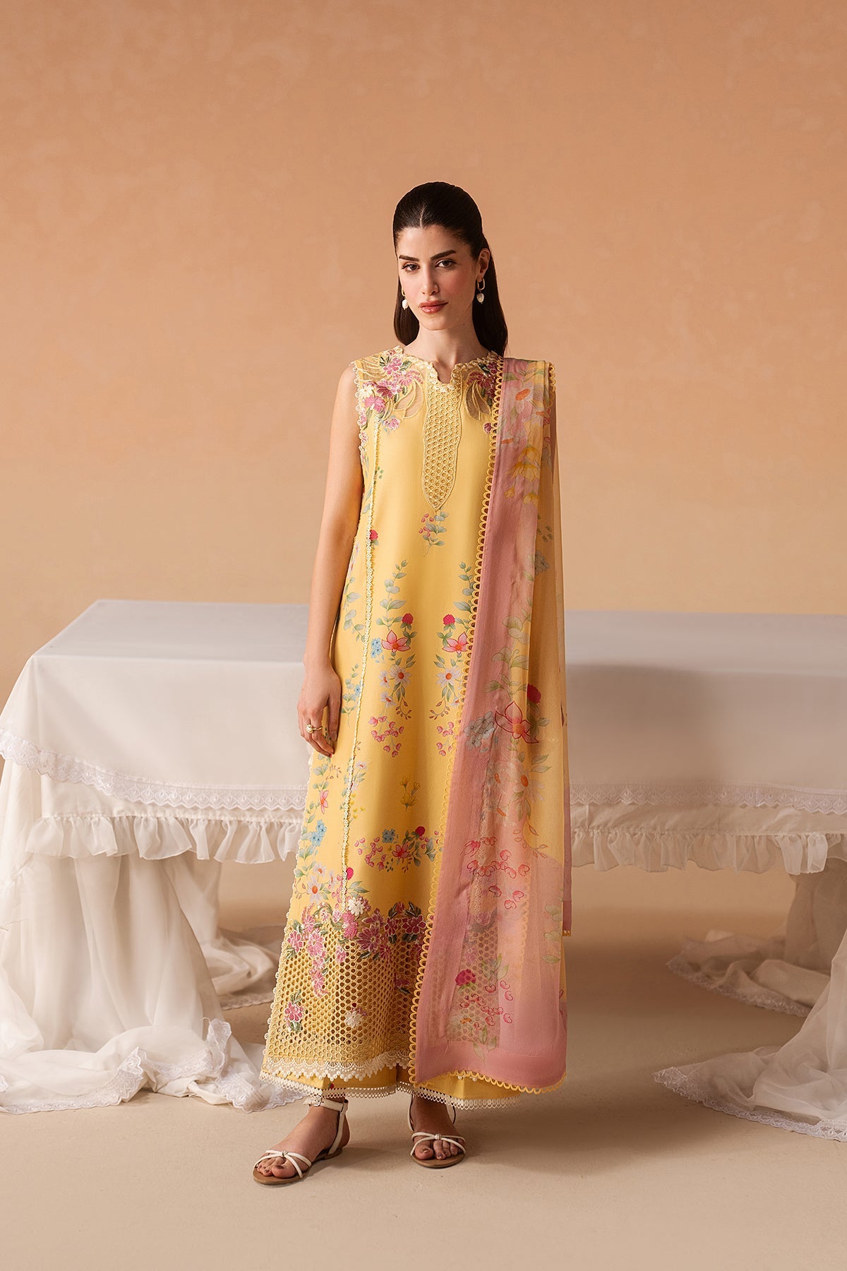 Afrozeh 3 Pc Unstitched Embroidered & Printed Lawn Suit Evania Yellow