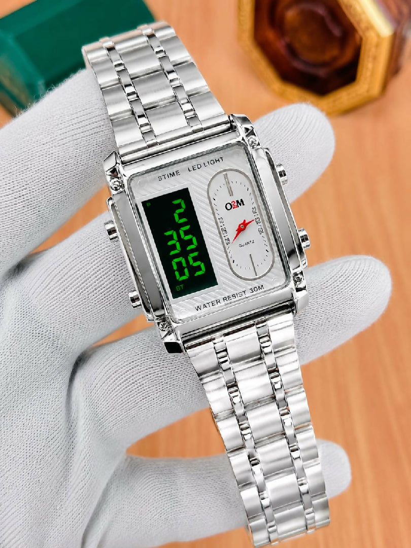 Luxury Gold Dual Display Mens Watch Analog Digital LED Stainless Steel