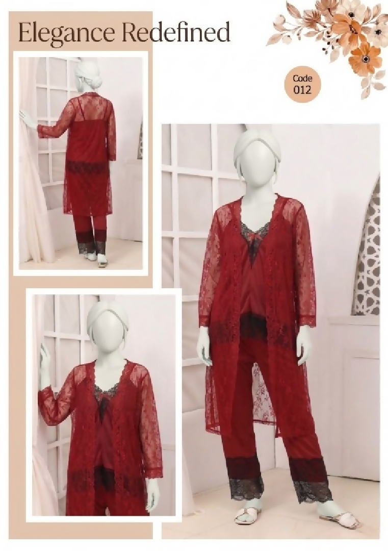 3 Pcs Premium Silk Net Black Lace Womens Sleepwear Set Top Trouser Gown Size Free