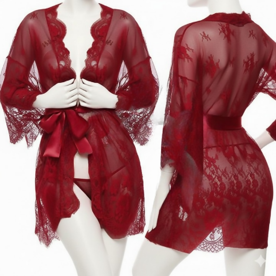 Single Pcs Womens Net Transparent Sheer Lace Robe Gown - Long Sleeve Free-Size Nightwear