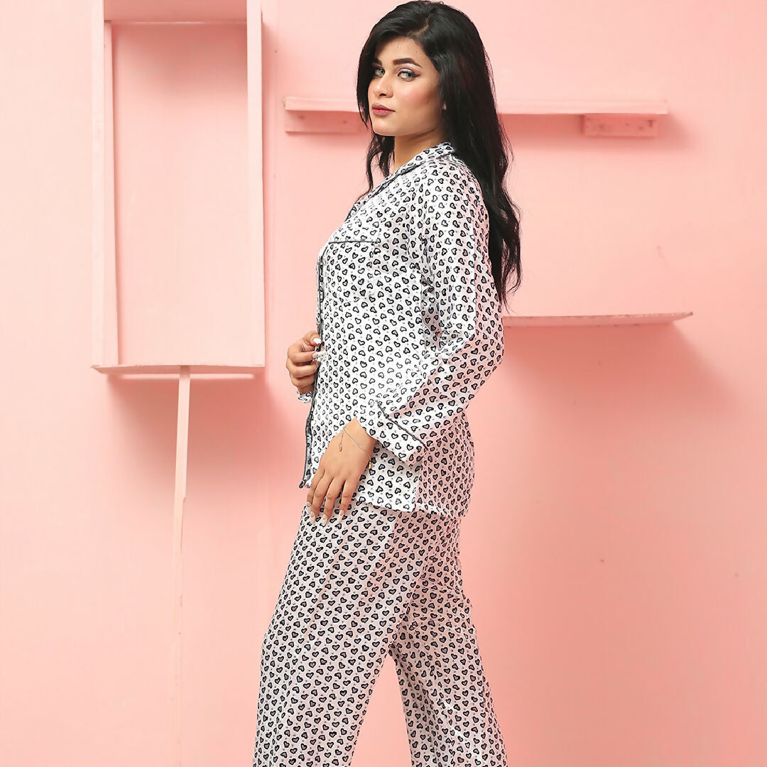 Grey Heart Print Night Suit – Womens Soft and Stylish Two-Piece Loungewear Set