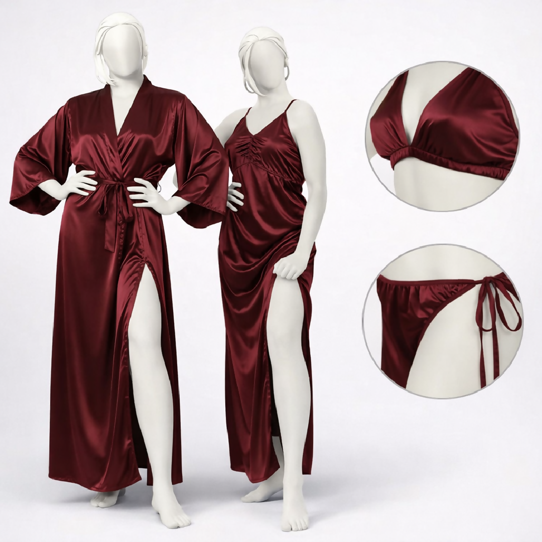 Burgundy Silk Satin 4-Piece Lingerie Nightwear Set for Women Luxury Soft Satin Sleepwear Free Size
