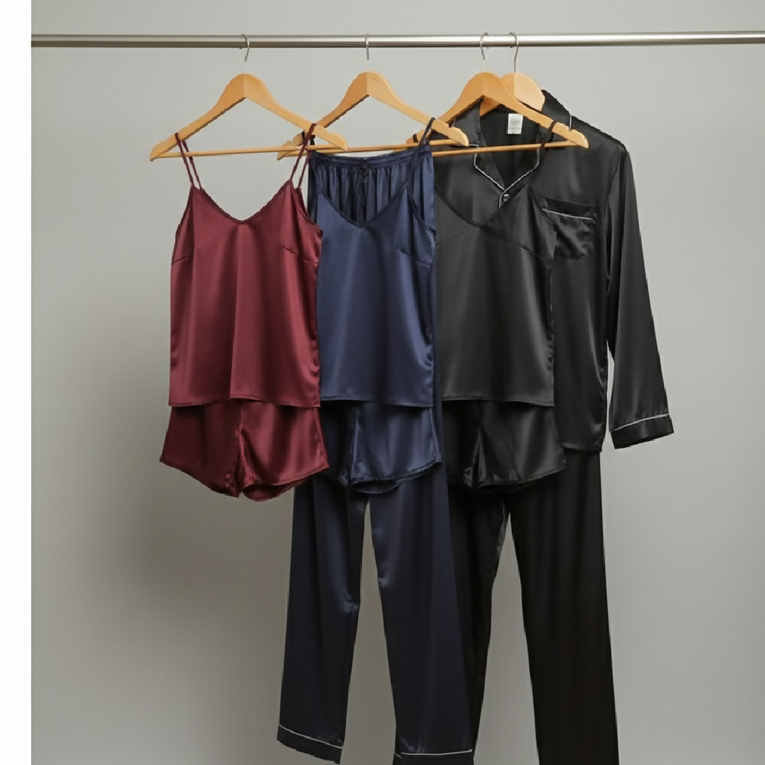 Couple Night Suit - Silk Satin Sleepwear Set - Short and Long Style Combo - 4 Pcs