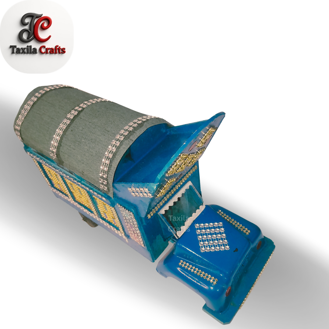 Handmade Blue Mini Truck Art Decorative Showpiece Wooden and Hardboard Model 11 Inch