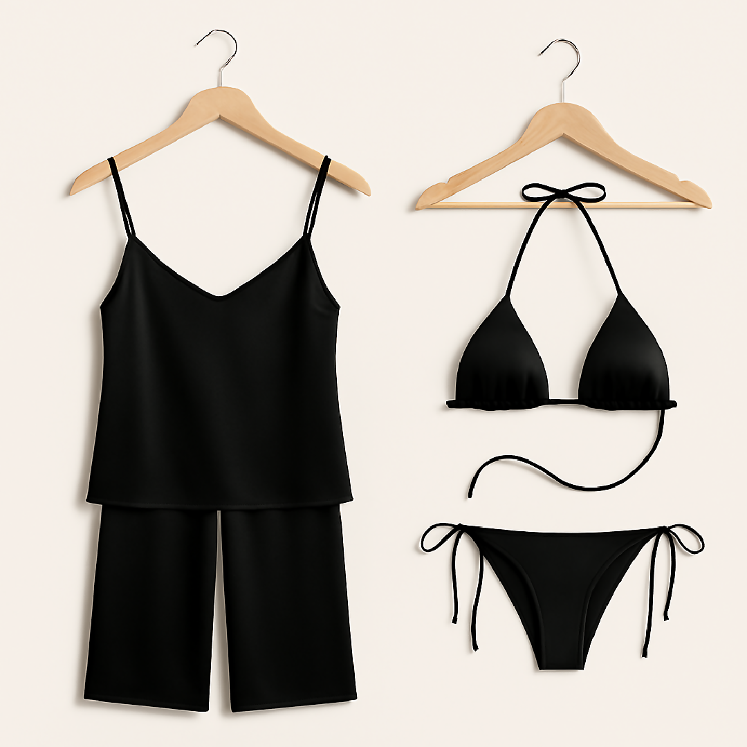 Satin Silk Camisole and Pajama with Bikini Set - Dual Style Nightwear for Women