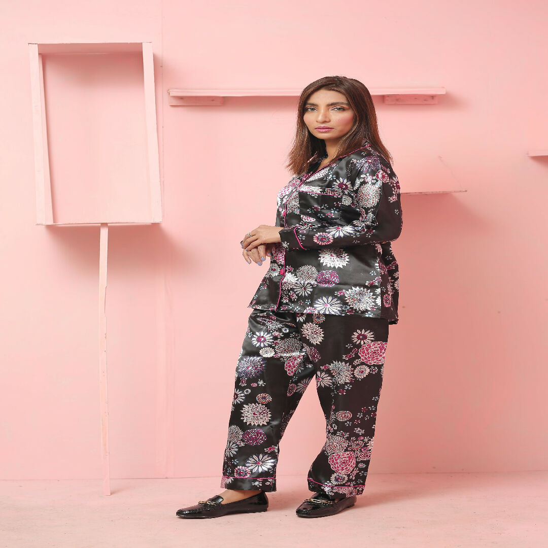 Midnight Bloom Satin Night Suit – Womens Floral Two-Piece Loungewear Set