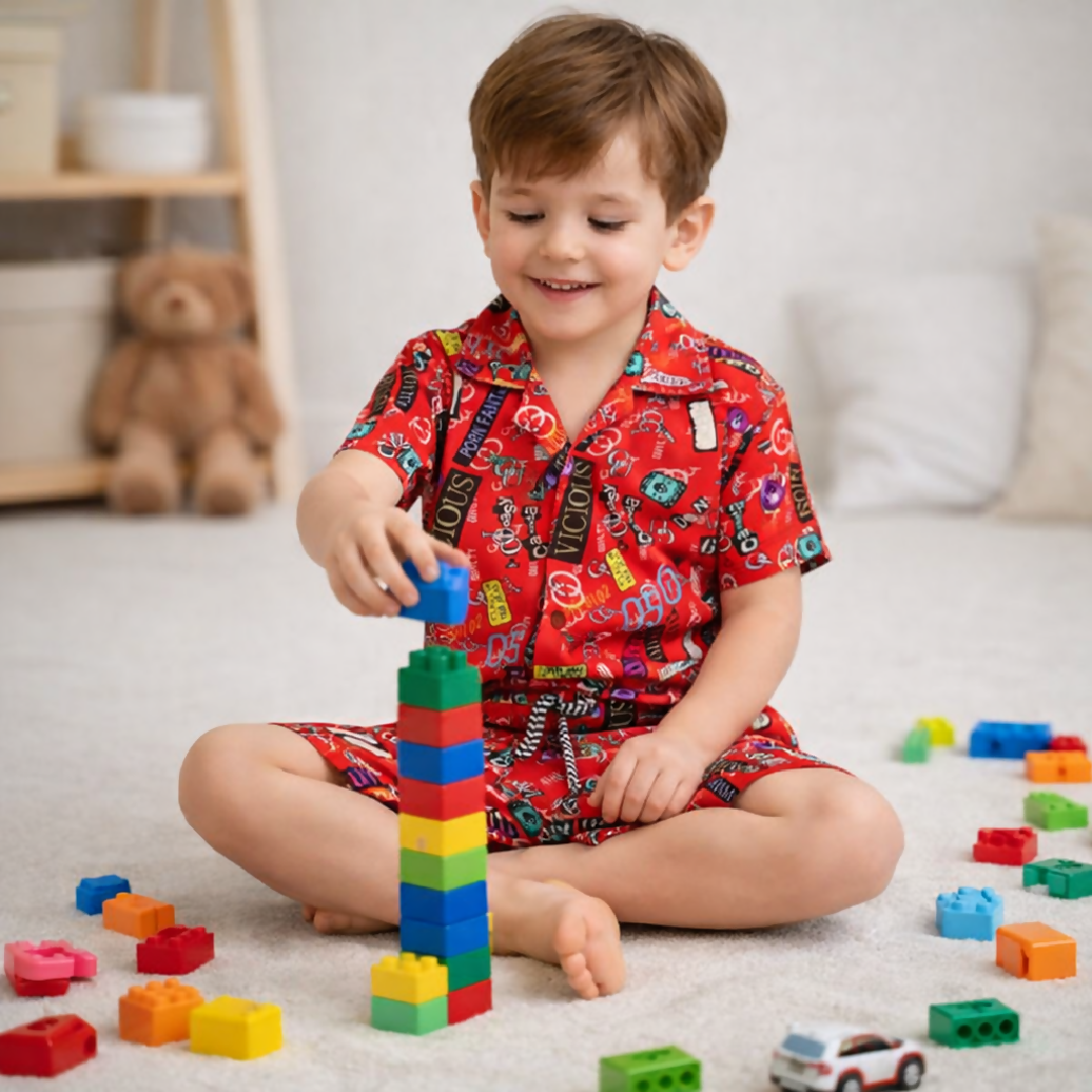 Kids Printed Linen Short Pajama Set