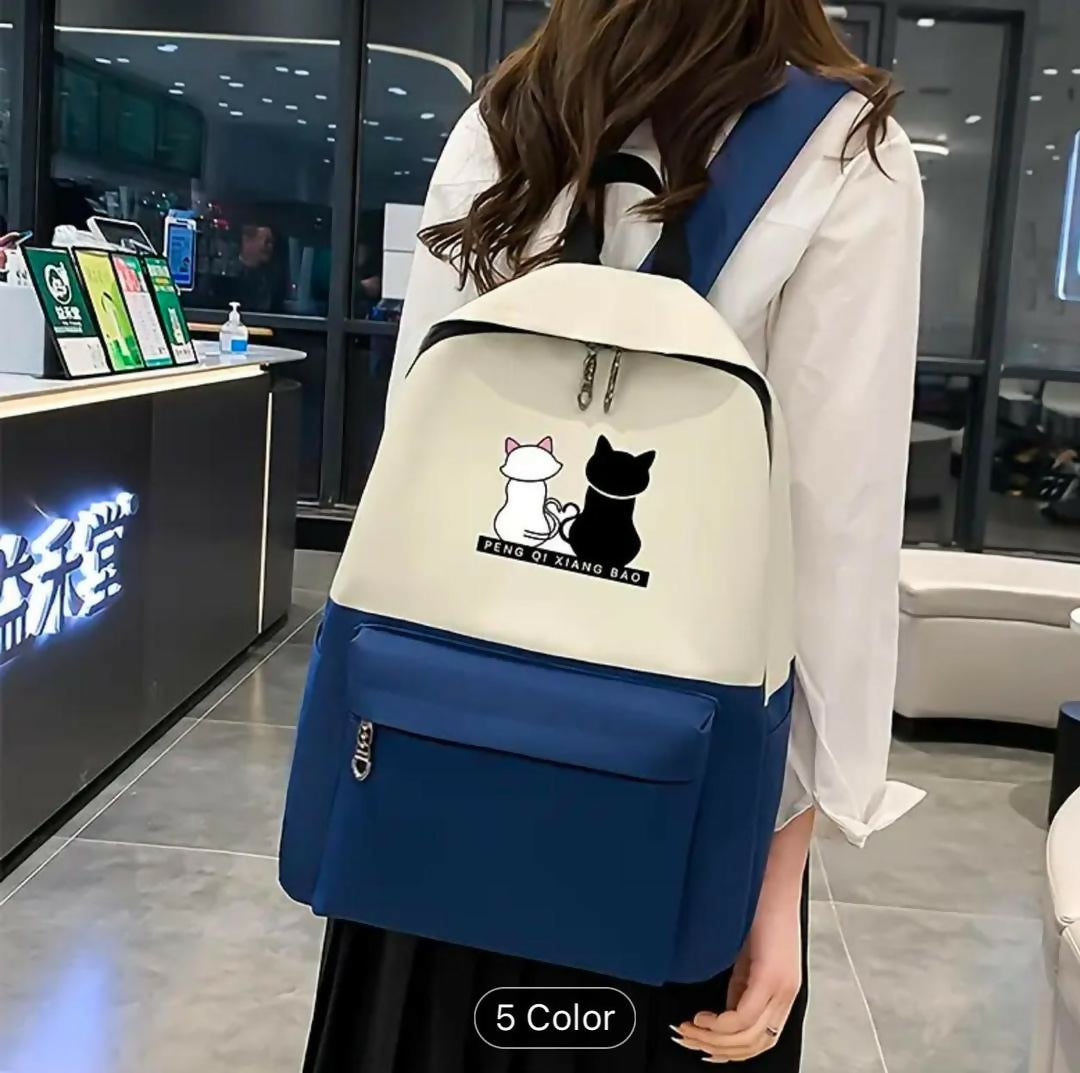 Cute Cat Print 5-in-1 School Bag Set for Girls - Backpack - Handbag - Crossbody Pouch - Pencil Case - Lunch Bag
