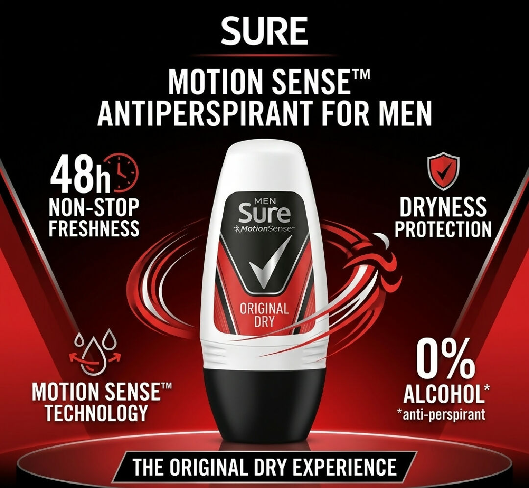 Sure Men MotionSense Original Dry Antiperspirant Roll On 48H Non Stop Freshness Deodorant For Men 50ml Underarm Dryness Protection 0 Percent Alcohol