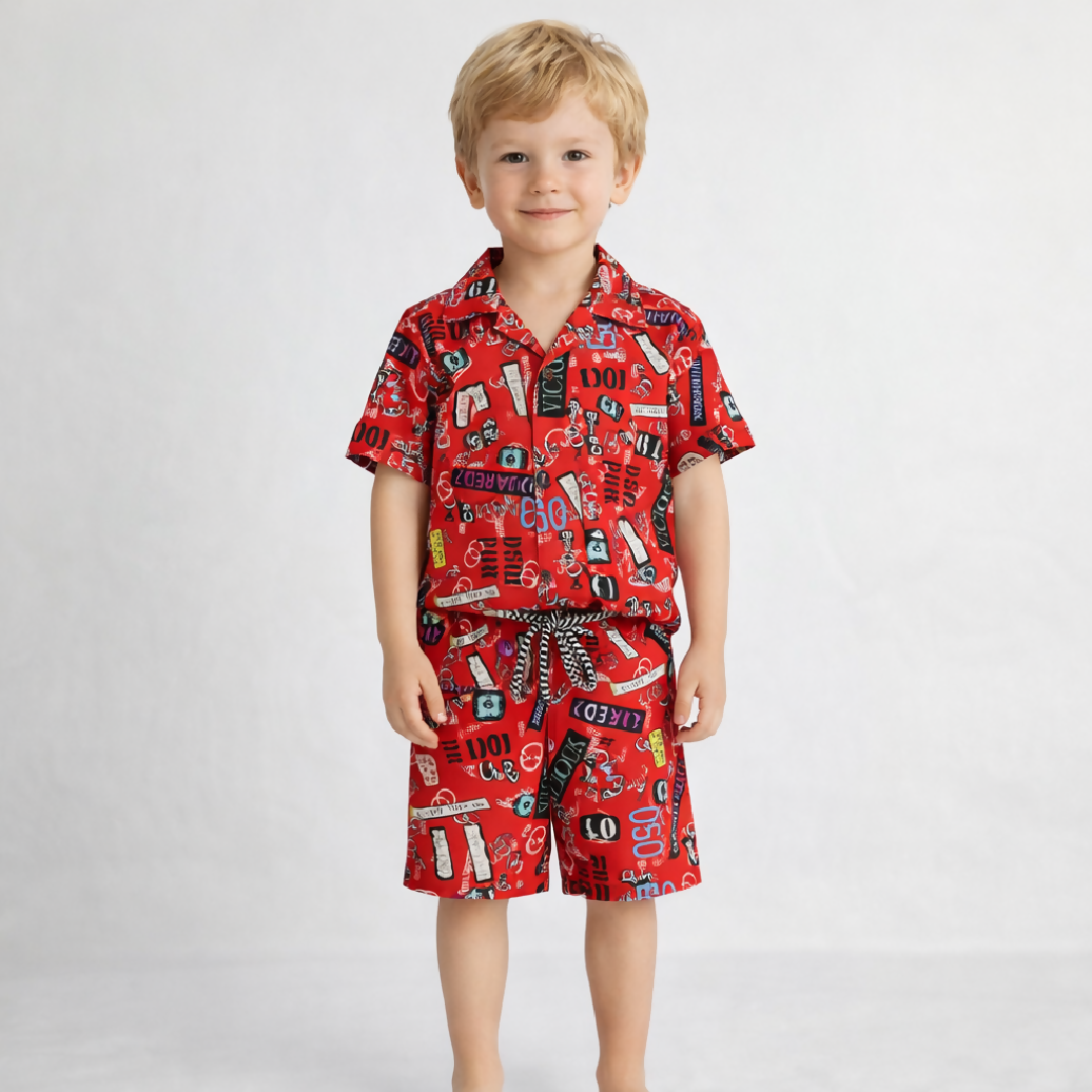 Kids Printed Linen Short Pajama Set