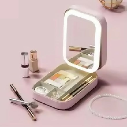 Portable Folding Makeup Mirror Jewellery Box - 3-Color LED Beauty Mirror - Multi-Function Personal Care Organizer