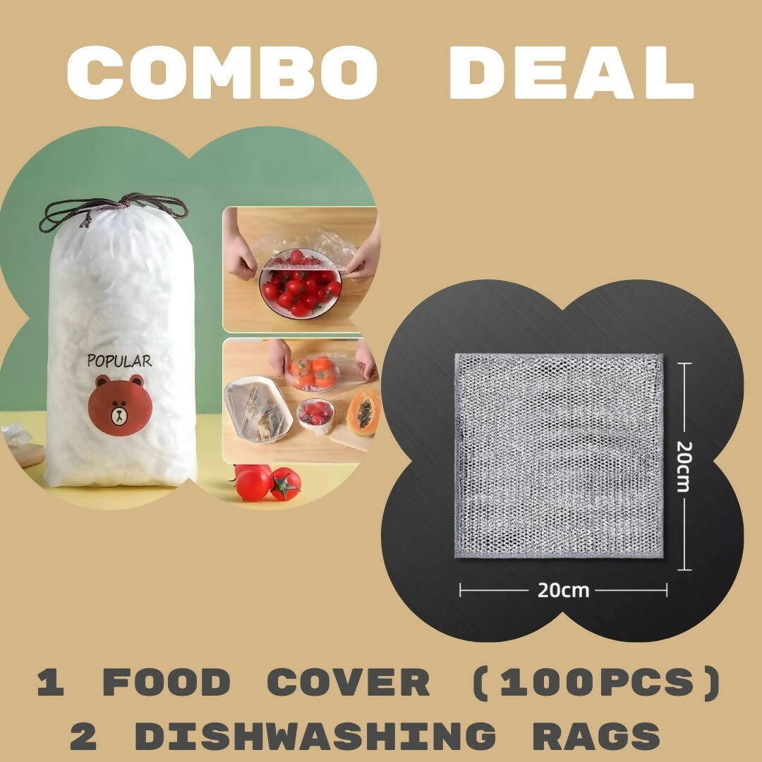 Combo Deal Disposable Food Cover Plastic Wrap 100 Pcs and 2 Pcs Dishwashing Rug - Reusable Elastic Food Storage Covers and Metal Wire Dish Washing Rugs For Kitchen