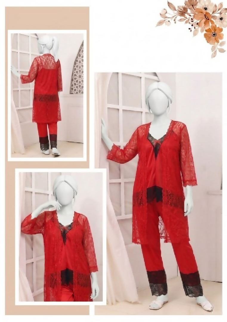 3 Pcs Premium Silk Net Black Lace Womens Sleepwear Set Top Trouser Gown Size Free
