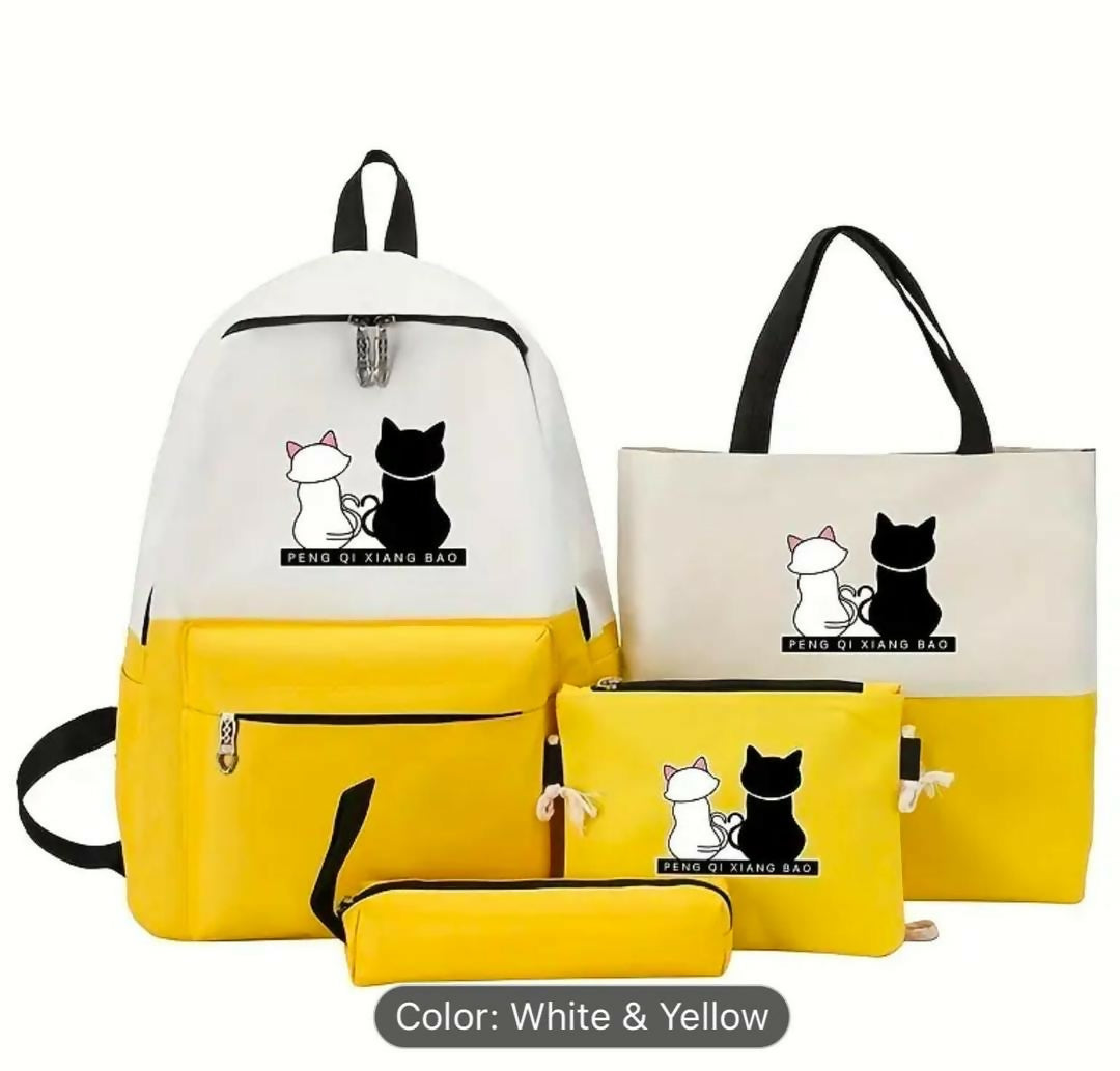 Cute Cat Print 5-in-1 School Bag Set for Girls - Backpack - Handbag - Crossbody Pouch - Pencil Case - Lunch Bag