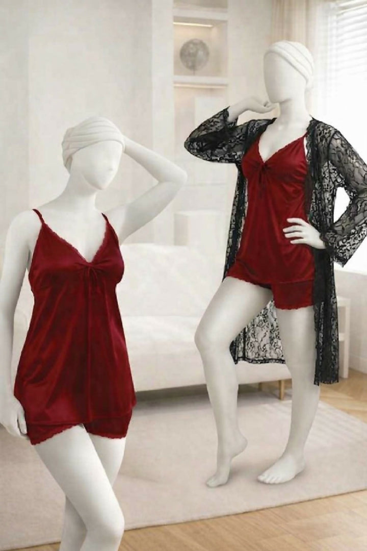 3-Piece Womens Sleepwear Set Camisole Shorts Lace Gown Soft Satin Nightwear Free Size
