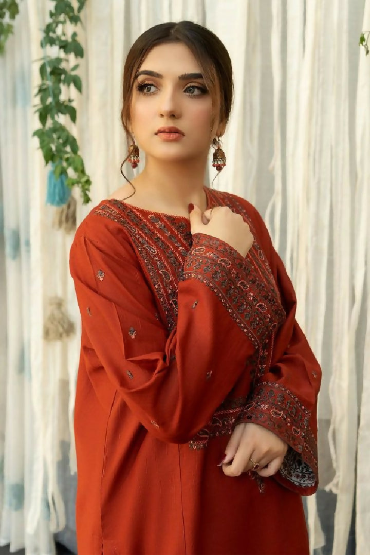 3PC Dhanak Embroidered Shirt - Couture Wool Print Shawl and Trouser - TANA-2292