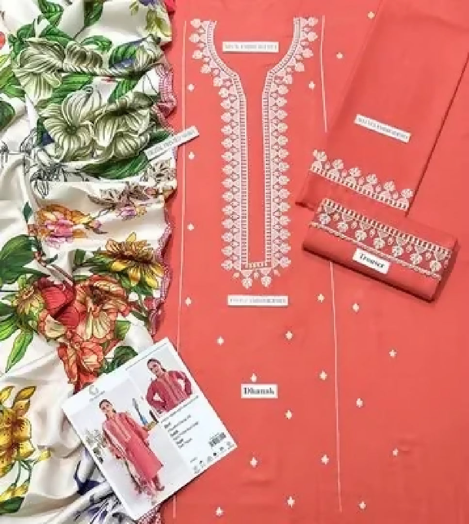 3 Pcs Women Unstitched Embroidered Suit