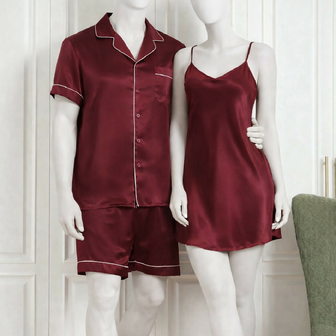 Couple Silk Night Suit - Sleepwear Set - Shirt and Shorts with Slip Dress