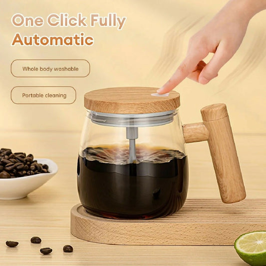 Wooden Design Automatic Self Stirring Coffee Mug One Click Electric Mixing Glass Cup