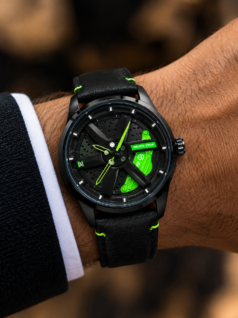 GYRO NS - Never Stop Watch With Rotating Wheel And Leather Strap