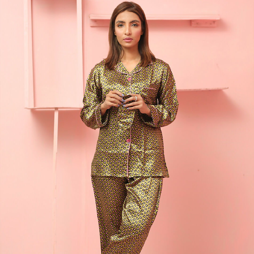Playful Heart Print Pajama Set in Olive Green