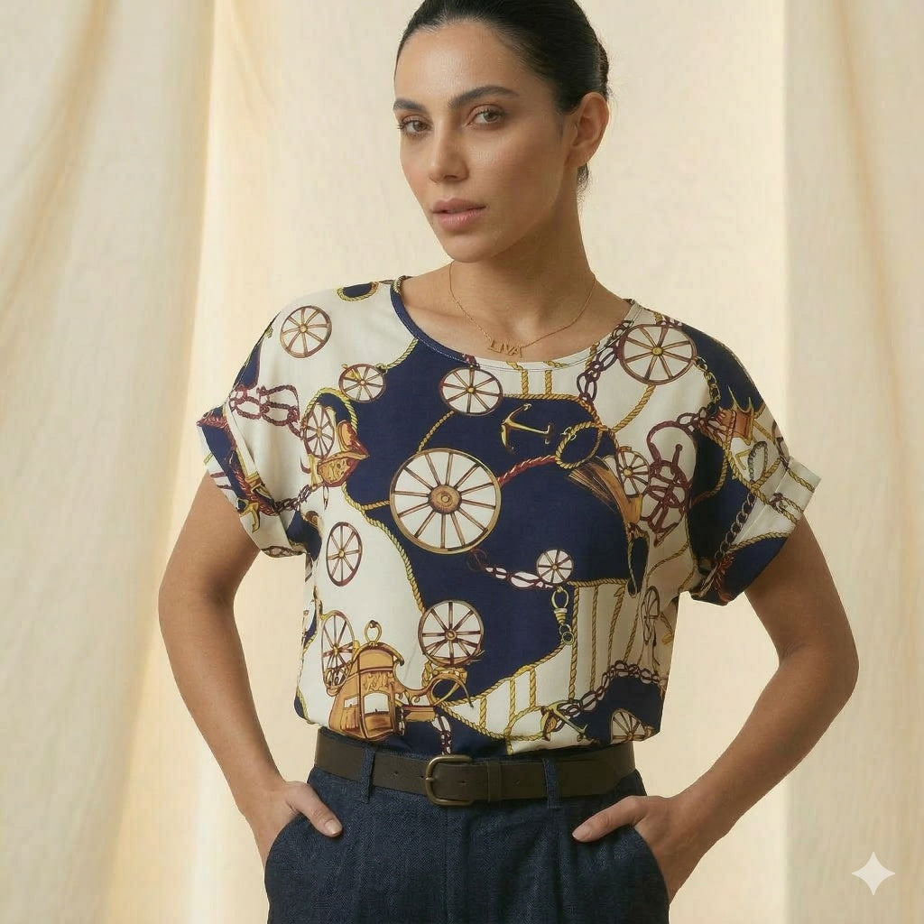 Women Printed Short Sleeve Chiffon Top – Multicolor