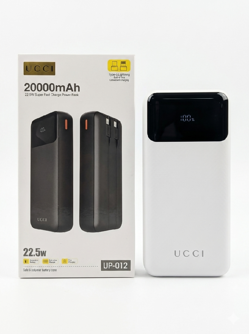 UCCI UP 012 20000mAh Power Bank 22 5W Super Fast Charging with Built in Type C And Lightning Cables And LED Digital Display