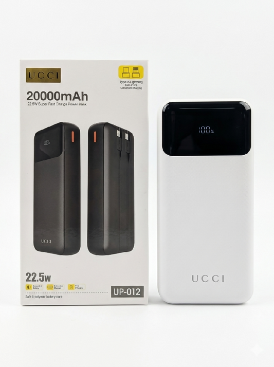 UCCI UP 012 20000mAh Power Bank 22 5W Super Fast Charging with Built in Type C And Lightning Cables And LED Digital Display