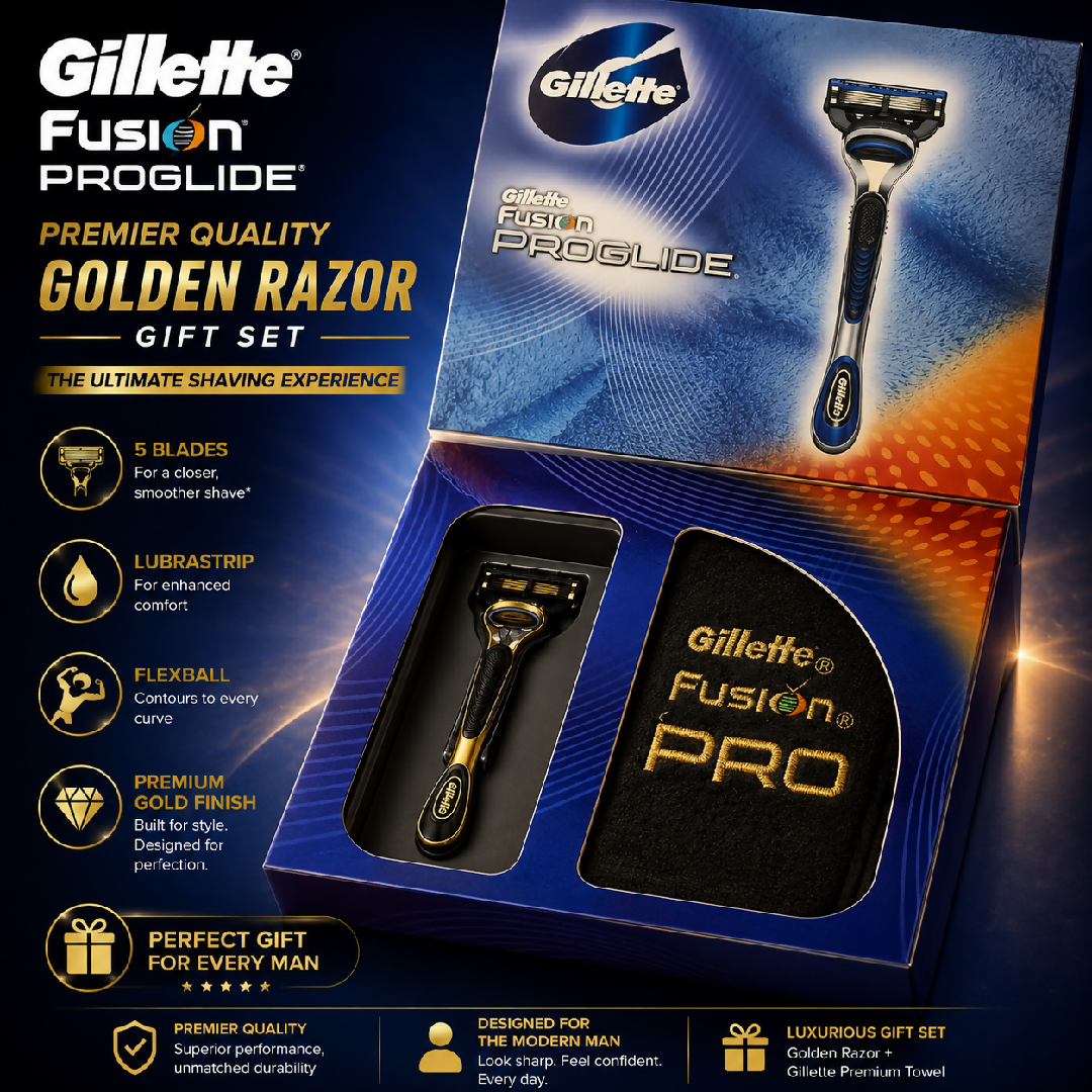 Gillette Fusion ProGlide Golden Razor Gift Set 5 Blade Shaving Razor With Premium Towel
