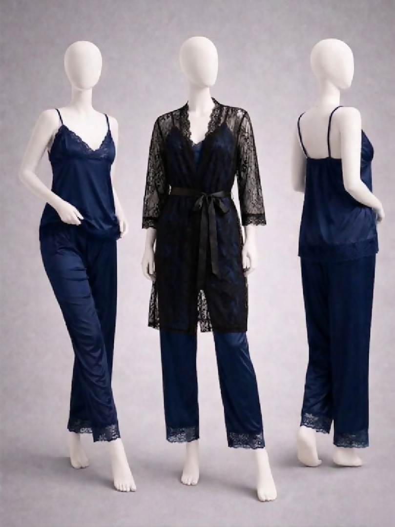 Elegant 3-Piece Womens Nightwear Set Silk Cami Pyjamas Lace Robe Free Size