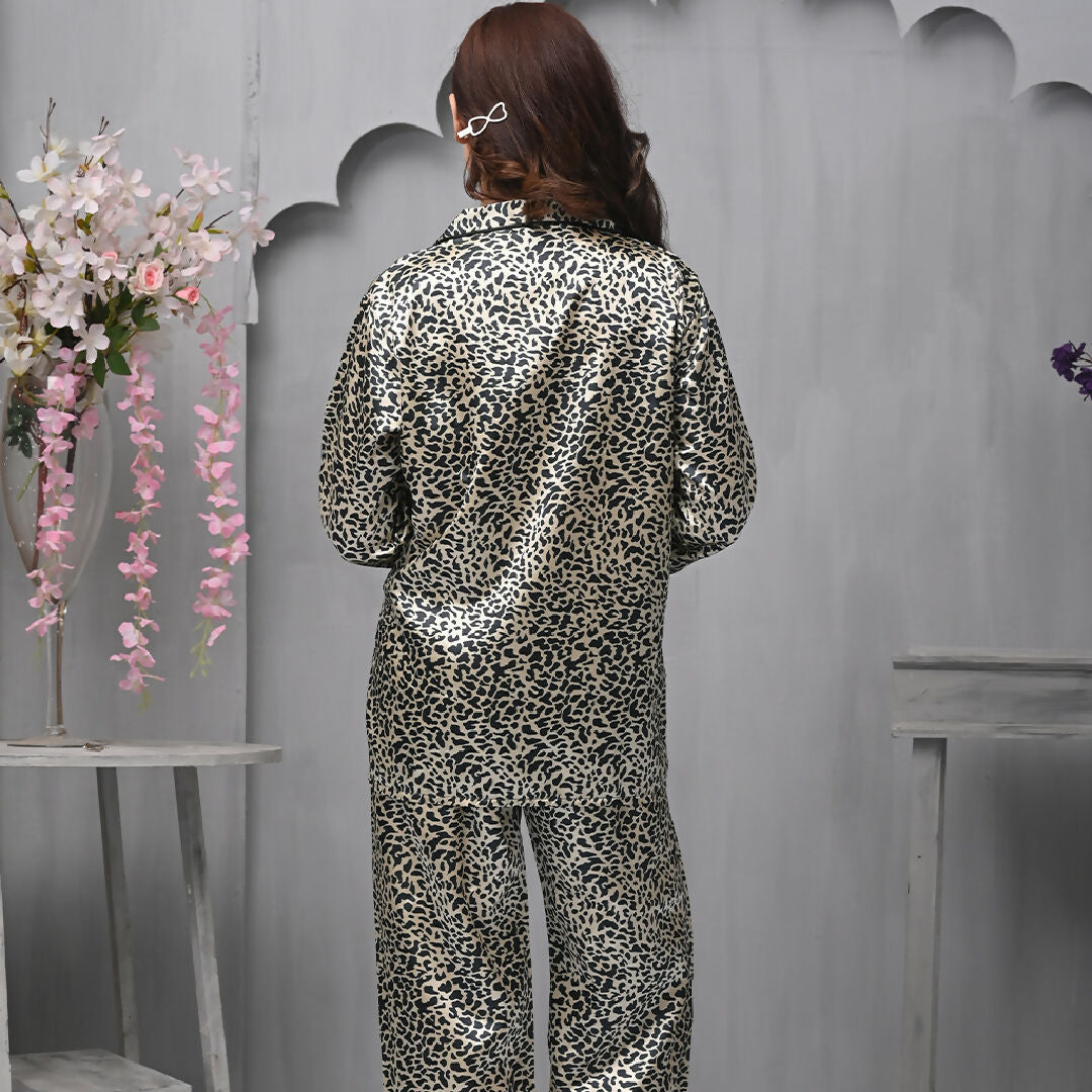 Classic Leopard Print Satin Night Suit – Womens Button-Down Loungewear Set