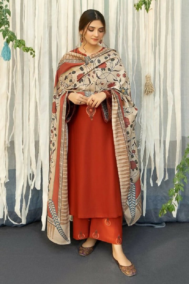 3PC Dhanak Embroidered Shirt - Couture Wool Print Shawl and Trouser - TANA-2292