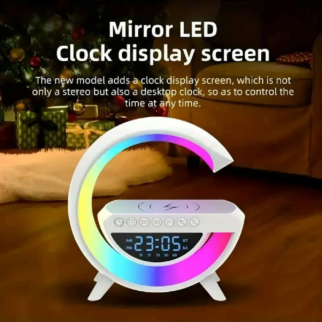 BT-3401 Multi-functional LED Clock Display Speaker G Lamp - LED Wireless Charging Speaker - G-shaped Speaker Light - Bluetooth Mp3 Player - Night Light and Alarm Clock - For Living Room