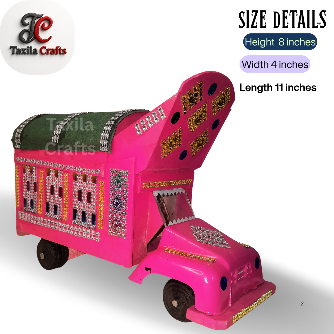 Handmade Pink Mini Truck Art Decorative Showpiece Wooden and Hardboard Model 11 Inch