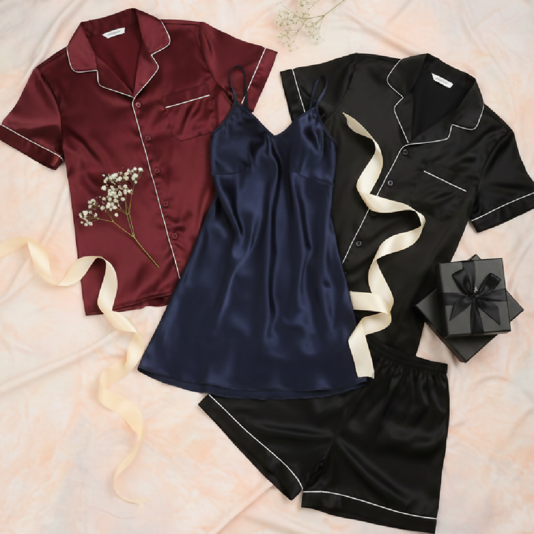 Couple Silk Night Suit - Sleepwear Set - Shirt and Shorts with Slip Dress
