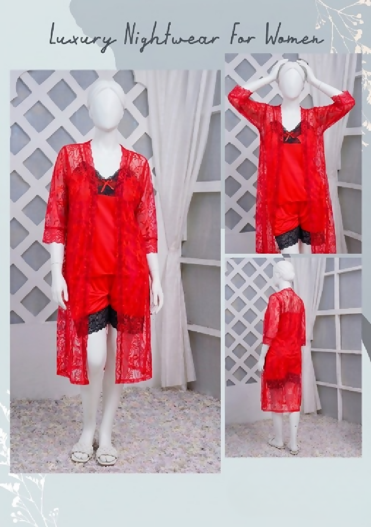3 Pcs Luxurious Silk Net Black Lace Womens Sleepwear Set Top Short Gown Nightwear Free Size