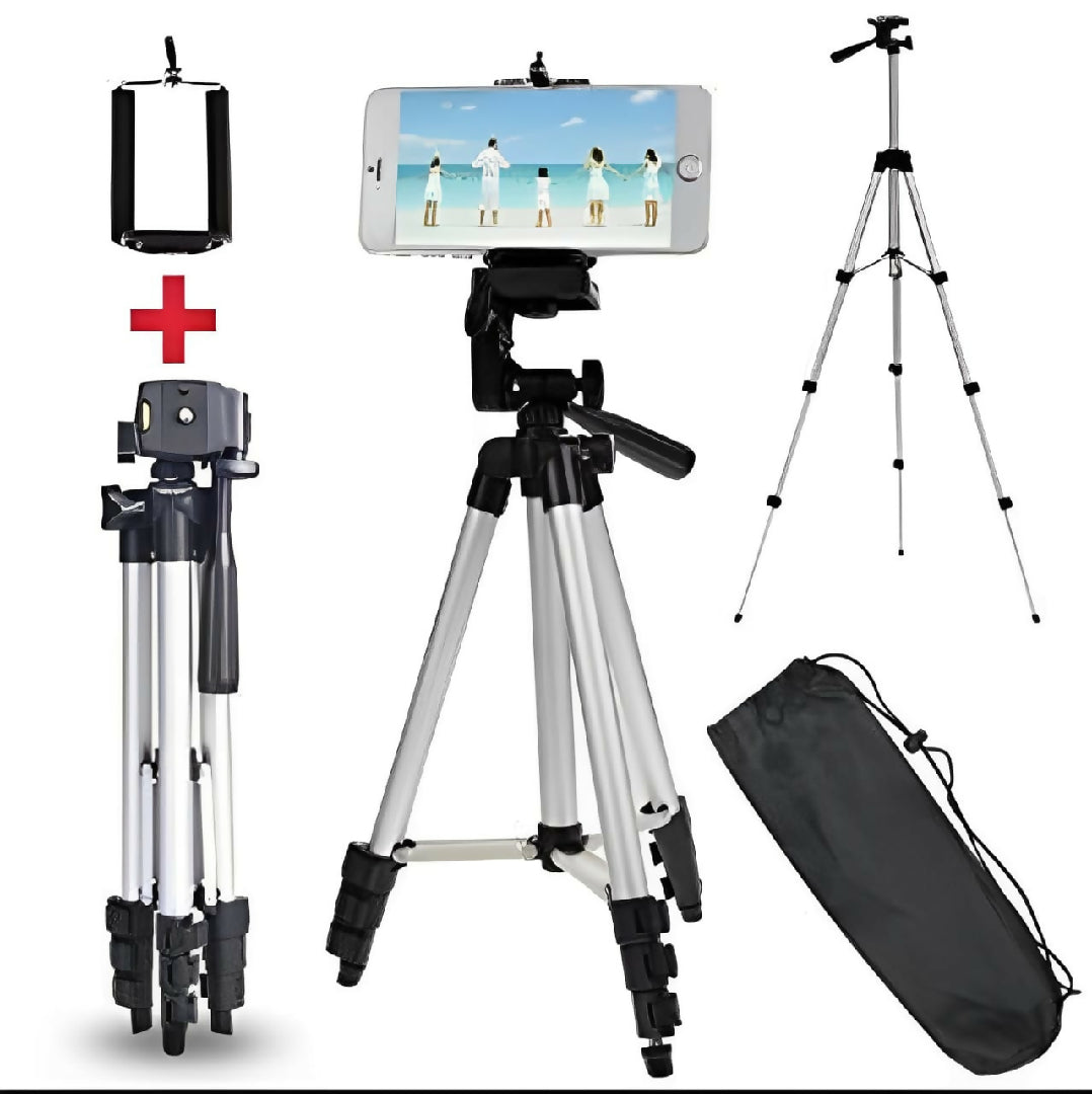 Adjustable Tripod Stand for Mobile Phones and Cameras with Mobile Holder Portable DSLR Stand for Vlogging Universal Silver Model 3110 and Bag