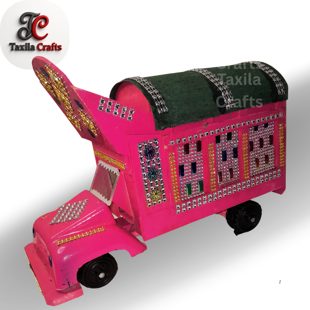 Handmade Pink Mini Truck Art Decorative Showpiece Wooden and Hardboard Model 11 Inch