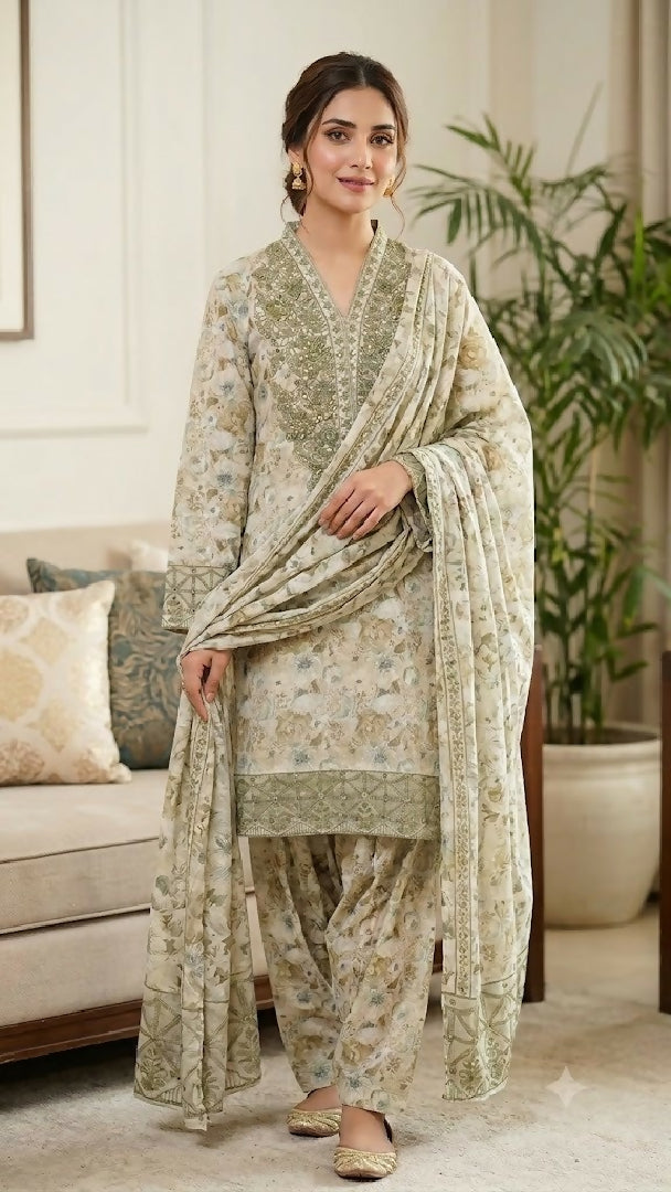Womens Stitched 3 Piece Lawn Cotton Suit Ready to Wear Floral Printed Embroidered Kurti Matching Trouser Printed Dupatta Pakistani Ladies Dress