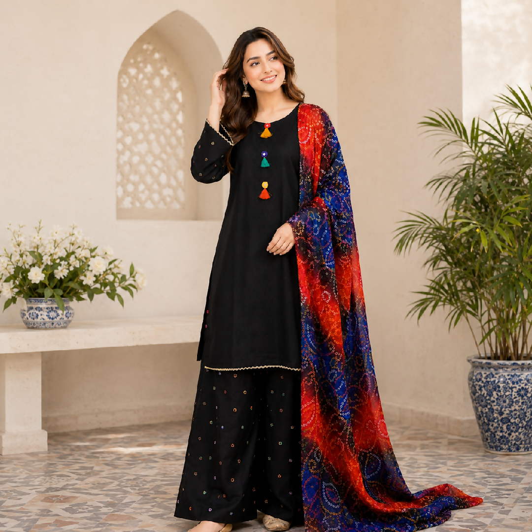 Womens Stitched 3 Piece Lawn Cotton Suit Ready to Wear Black Embroidered Kurti Printed Palazzo Bandhani Dupatta Pakistani Ladies Dress