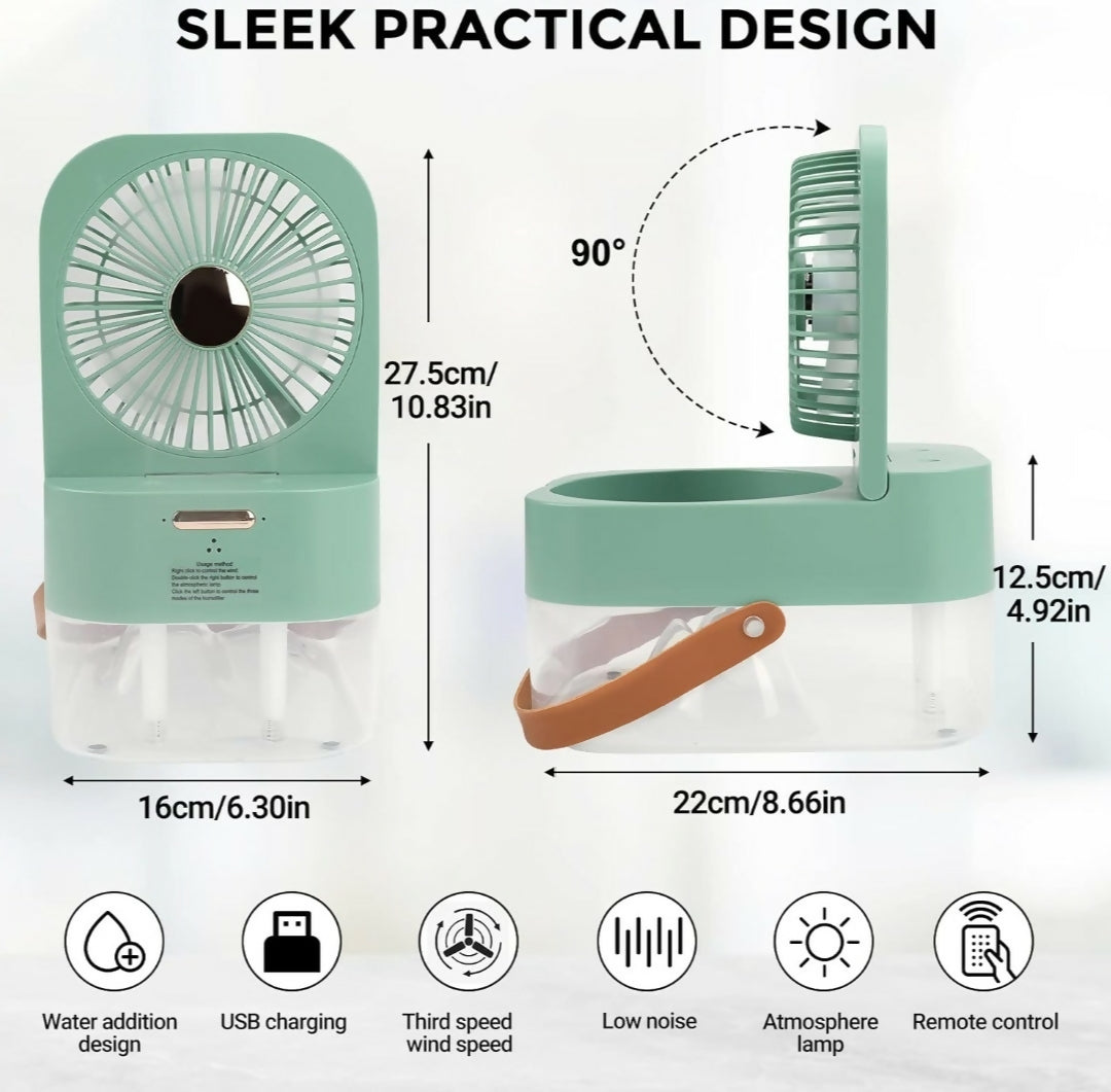 Mini Fan with Cool Mist - Portable Air Cooler - USB Table Fan - Desk Fan with 3 Wind Modes and Brightness Adjustment - Table Fan for Home - Office