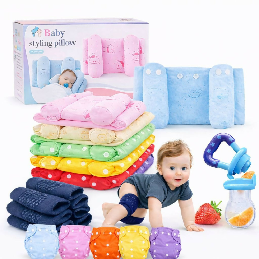 Ultimate 4-in-1 Baby Safety and Growth Bundle - Anti-Slip Knee Pads - Head Shaping Pillow - Fruit Feeder Pacifier and Adjustable Cloth Diaper