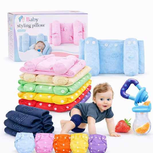 Ultimate 4-in-1 Baby Safety and Growth Bundle - Anti-Slip Knee Pads - Head Shaping Pillow - Fruit Feeder Pacifier and Adjustable Cloth Diaper