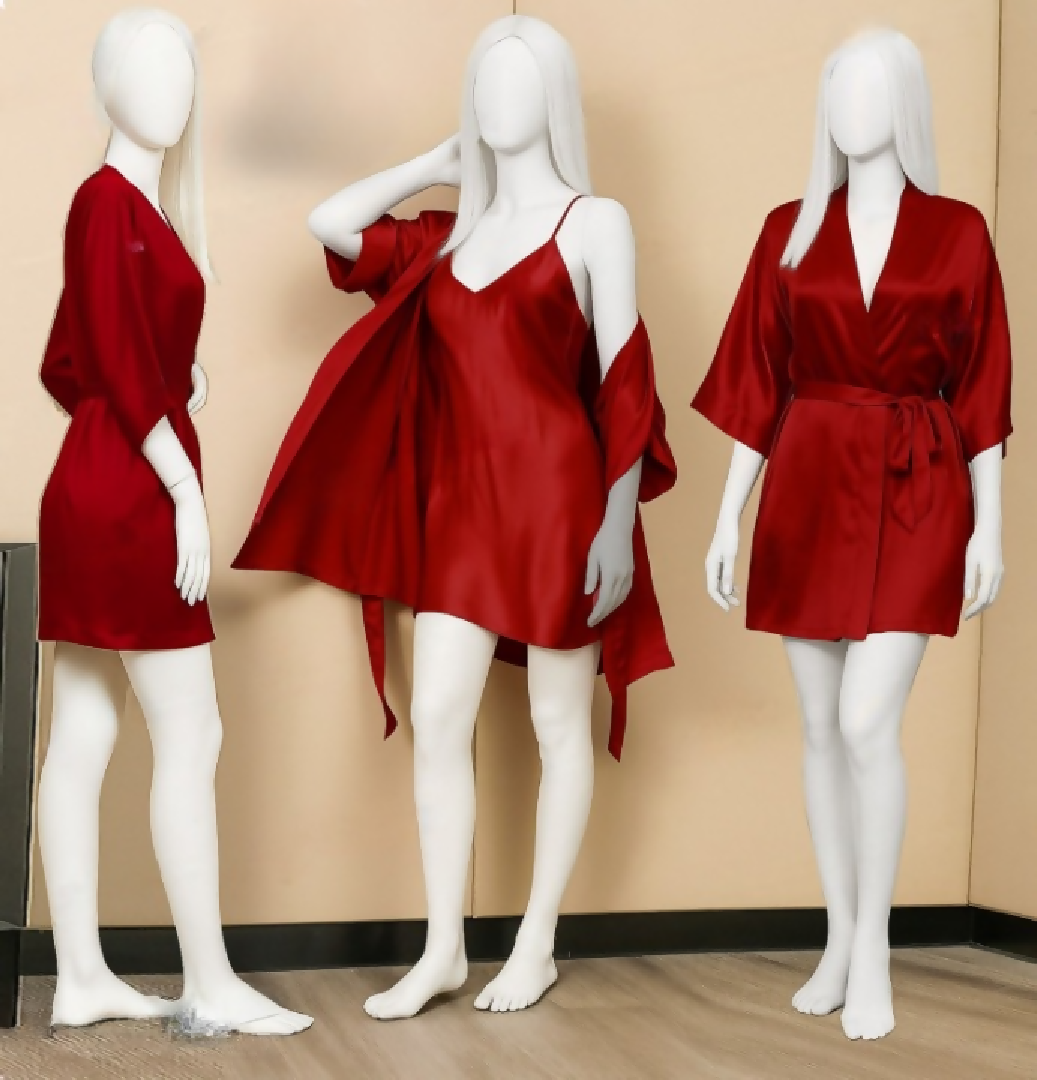 Premium Satin Sleepwear Set - Robe and Spaghetti Strap Nightdress Combo for Women - Free Size