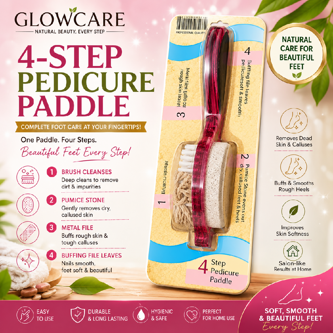 Glowcare 4 Step Pedicure Paddle Foot Care Brush Pumice Stone Metal File And Buffing Tool