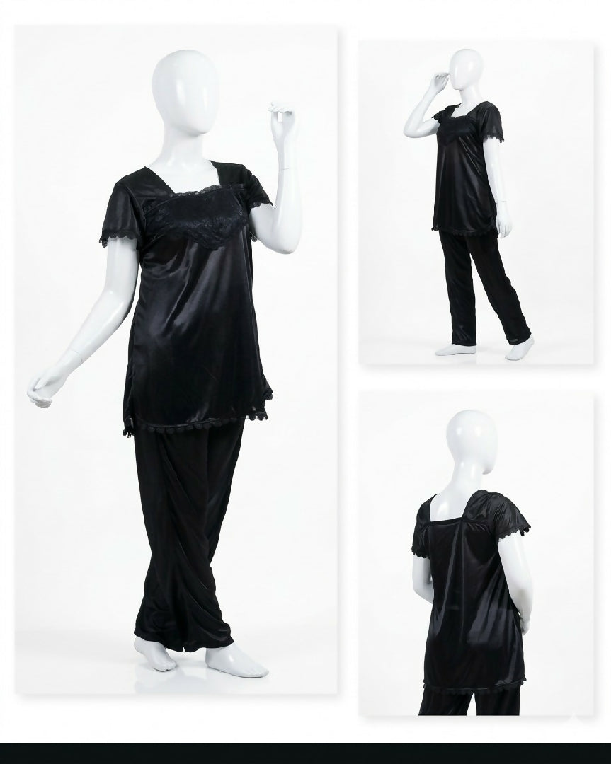 2 Pcs Premium Silk Lace Womens Sleepwear Set T-Shirt Trouser Nightwear Free Size