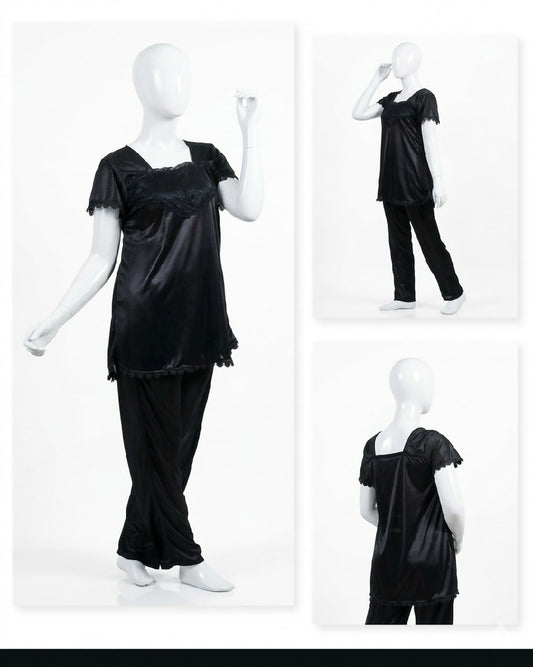2 Pcs Premium Silk Lace Womens Sleepwear Set T-Shirt Trouser Nightwear Free Size