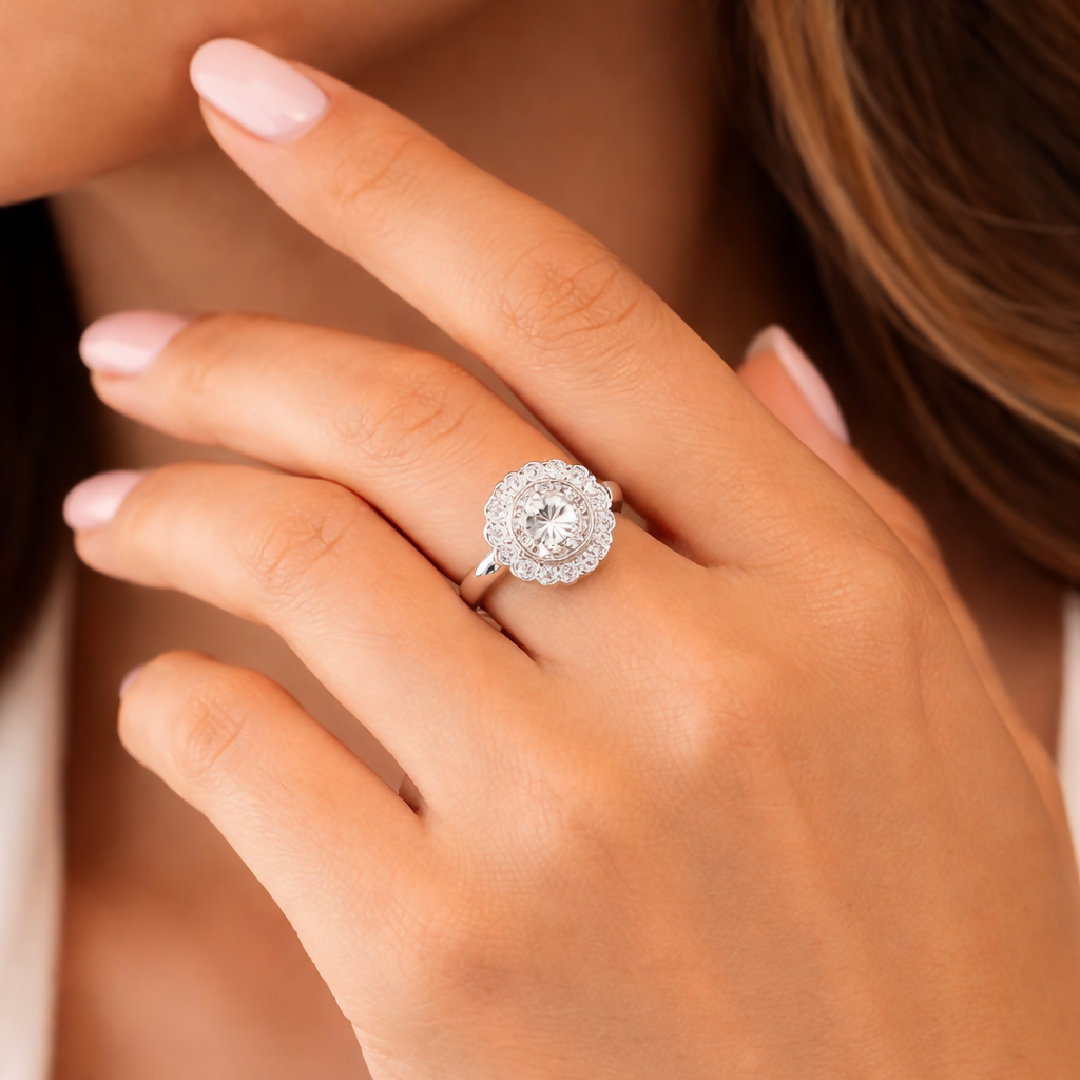 Crown Flower - Silver American Diamond Adjustable Ring
