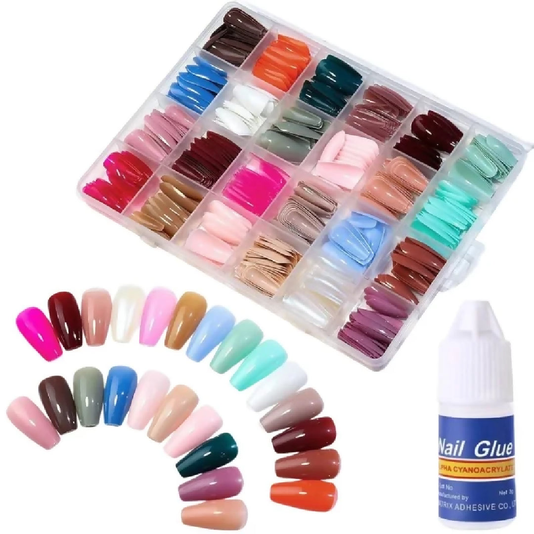 Multicolor Acrylic Artificial Nails Kit Full Cover Nails with Glue 24 Shades 576 Pcs